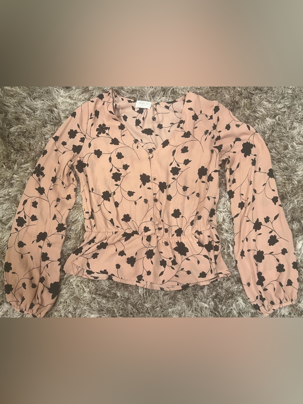 Sienna Sky Blush Pink Floral Peplum Blouse with Black Print